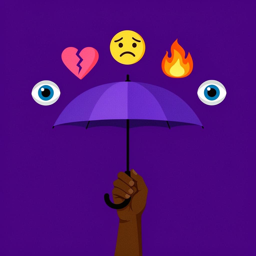 Hand holding an umbrella shielding bad emojis